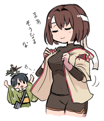 2girls, bag, black_bodysuit, black_hair, bodysuit, breasts, brown_hair, closed_eyes