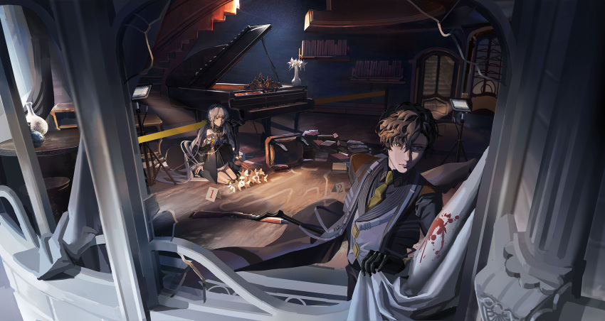 1boy, 1girl, architecture, bangs, black_dress, black_gloves, black_shirt, blood_on_curtains