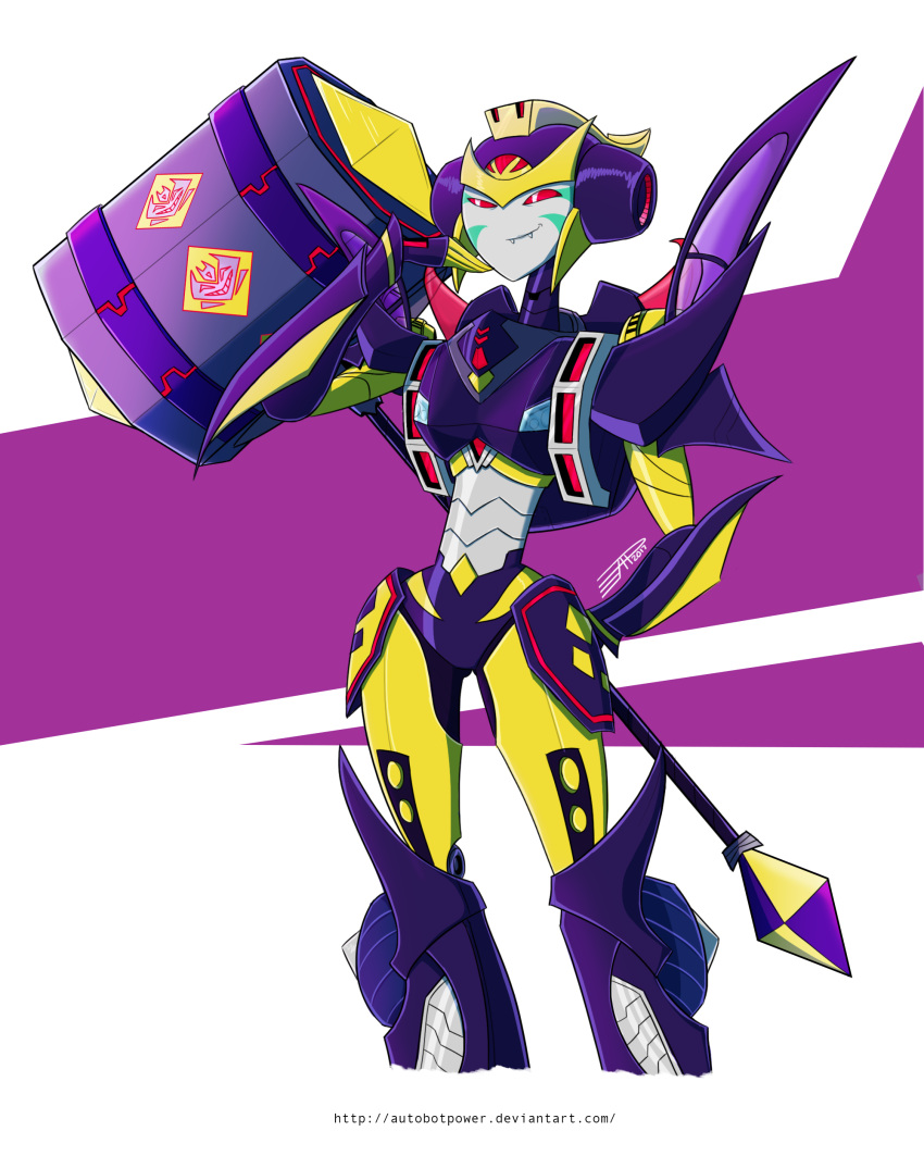 1girl, absurdres, autobotpower, black_panties, breasts, curvy, fangs, hammer, highres, humanoid_robot, medium_breasts, panties, red_eyes, robot, solo, thick_thighs, thighs, transformers, transformers_animated, trickdiamond, underwear