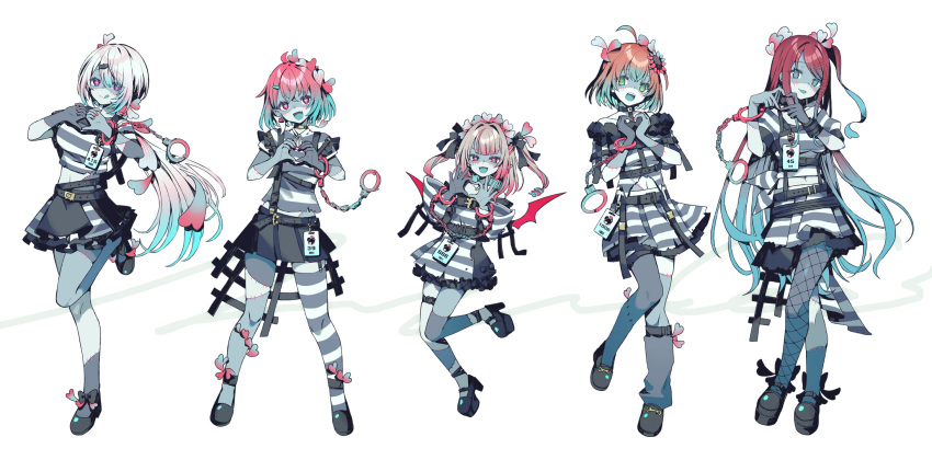 5girls, ahoge, bat_wings, black_bow, black_footwear, black_skirt, blue_hair, blue_skin