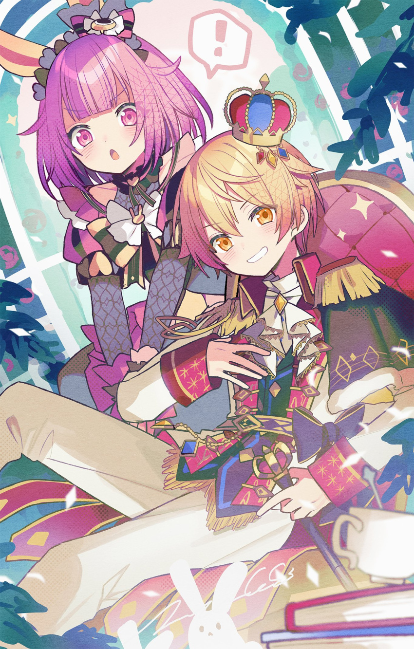 !, 1boy, 1girl, animal_ears, blonde_hair, commentary, crown, dress, epaulettes, highres, looking_at_viewer, miwasiba, ootori_emu, open_mouth, pants, pink_dress, pink_eyes, pink_hair, project_sekai, rabbit_ears, sitting, smile, sparkle, speech_bubble, spoken_exclamation_mark, tenma_tsukasa, white_pants, wonder_magical_showtime!_(project_sekai), wonderlands_x_showtime_(project_sekai), yellow_eyes