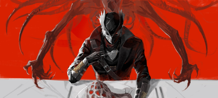amygdala, belt, black_gloves, bloodborne, brown_coat, brown_headwear, brown_jacket, coat, fork, gloves, hat, highres, holding, holding_fork, hunter_(bloodborne), jacket, long_sleeves, looking_at_viewer, mask, monster, mouth_mask, plate, qi_dongye_yu, red_background, red_eyes, short_hair, solo_focus, tricorne