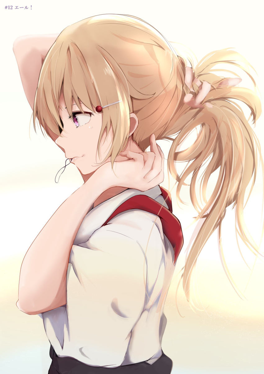 1girl, bangs, birthday, commentary, eryuus3, from_side, hair_ornament, hair_tie_in_mouth