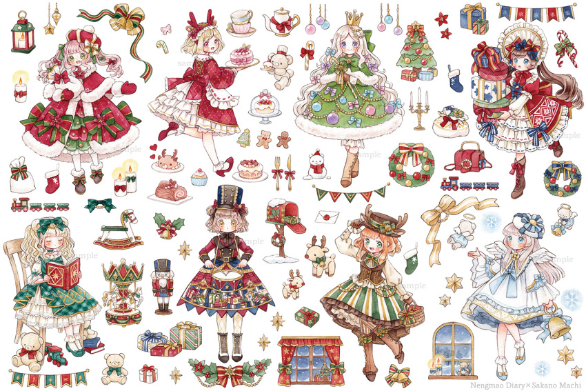 6+girls, ^_^, animal-shaped_food, argyle, argyle_dress, bangs, bell, black_bow