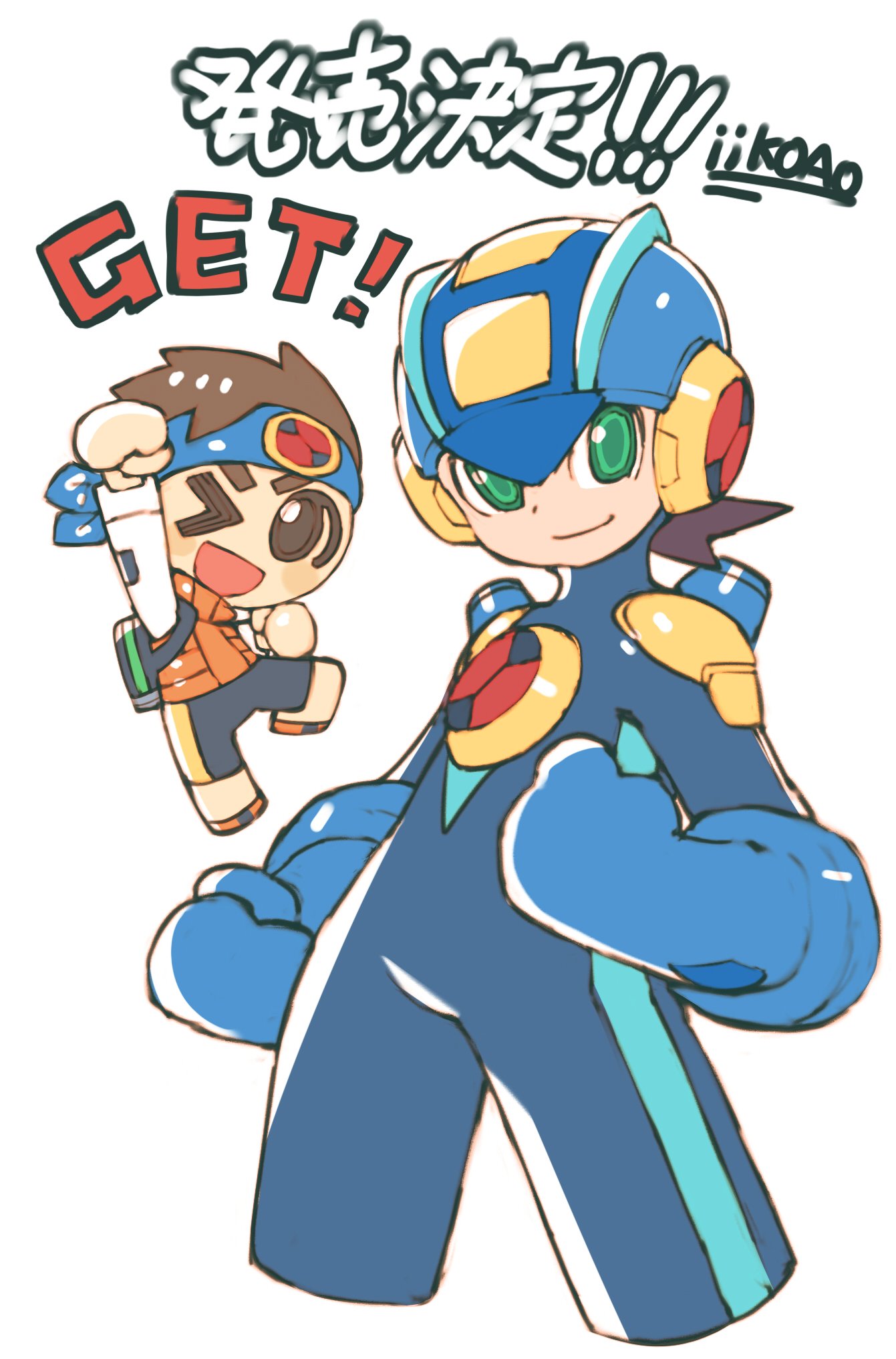 2boys, blue_headwear, bodysuit, brown_hair, chibi, gloves, green_eyes, headband