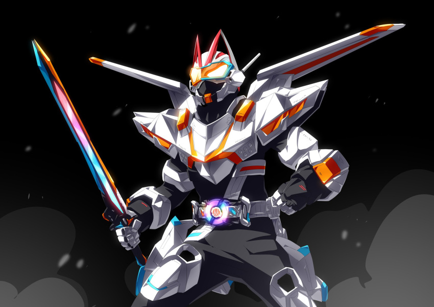 1boy, animal_ears, antennae, black_background, black_bodysuit, bodysuit, clenched_hands, command_buckle