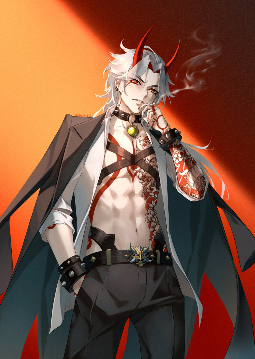 1boy, abs, absurdres, alternate_costume, arataki_itto, arm_tattoo, bangs, belt