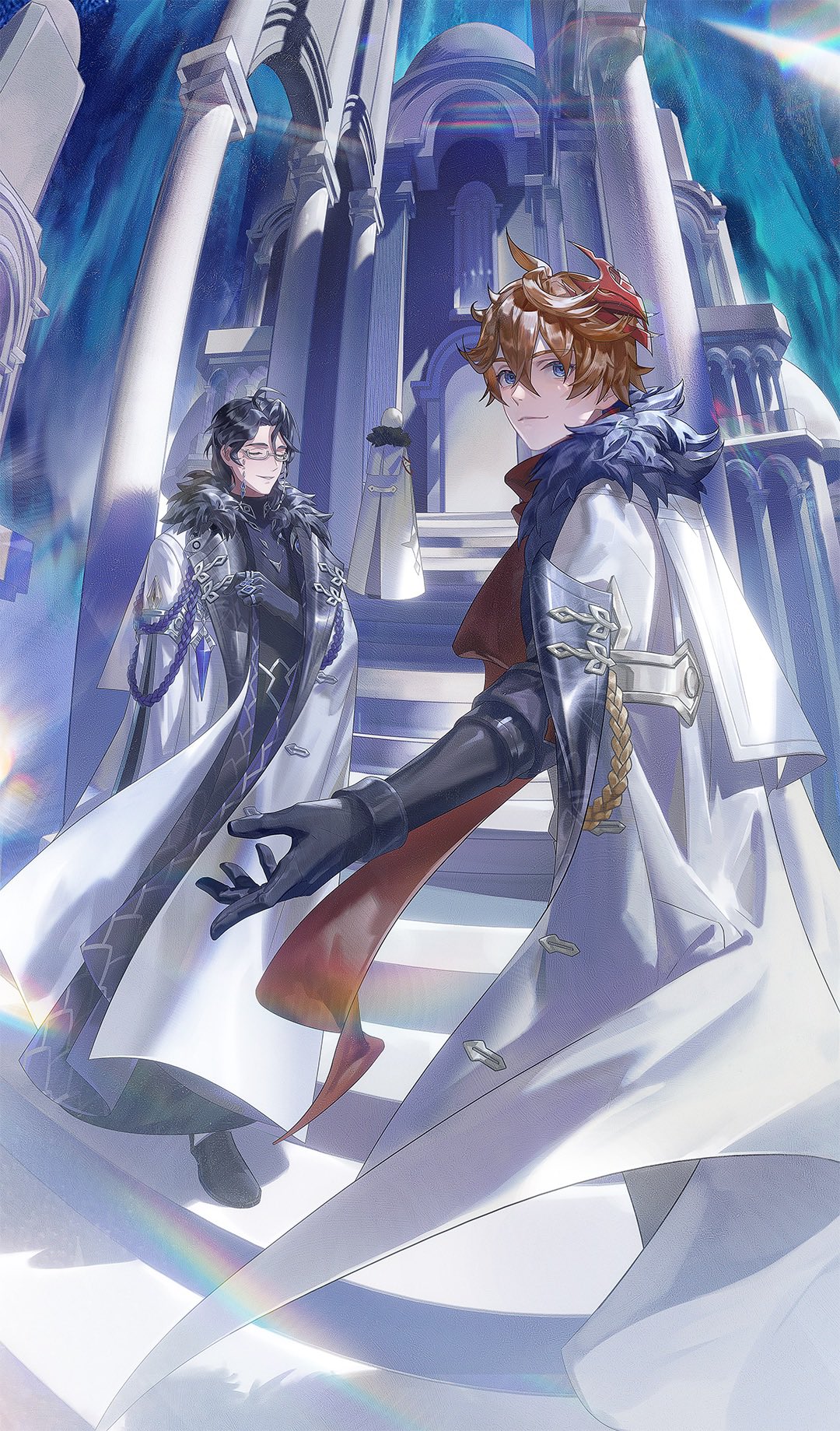 1other, 2boys, :3, ahoge, aiguillette, arch, architecture, bangs