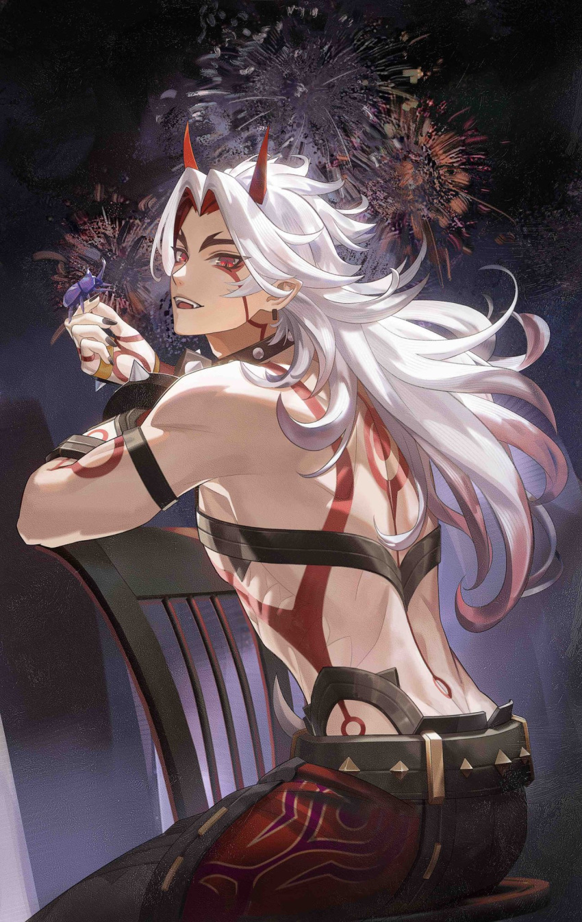 1boy, aerial_fireworks, arataki_itto, arm_strap, back, bangs, bare_shoulders, beetle