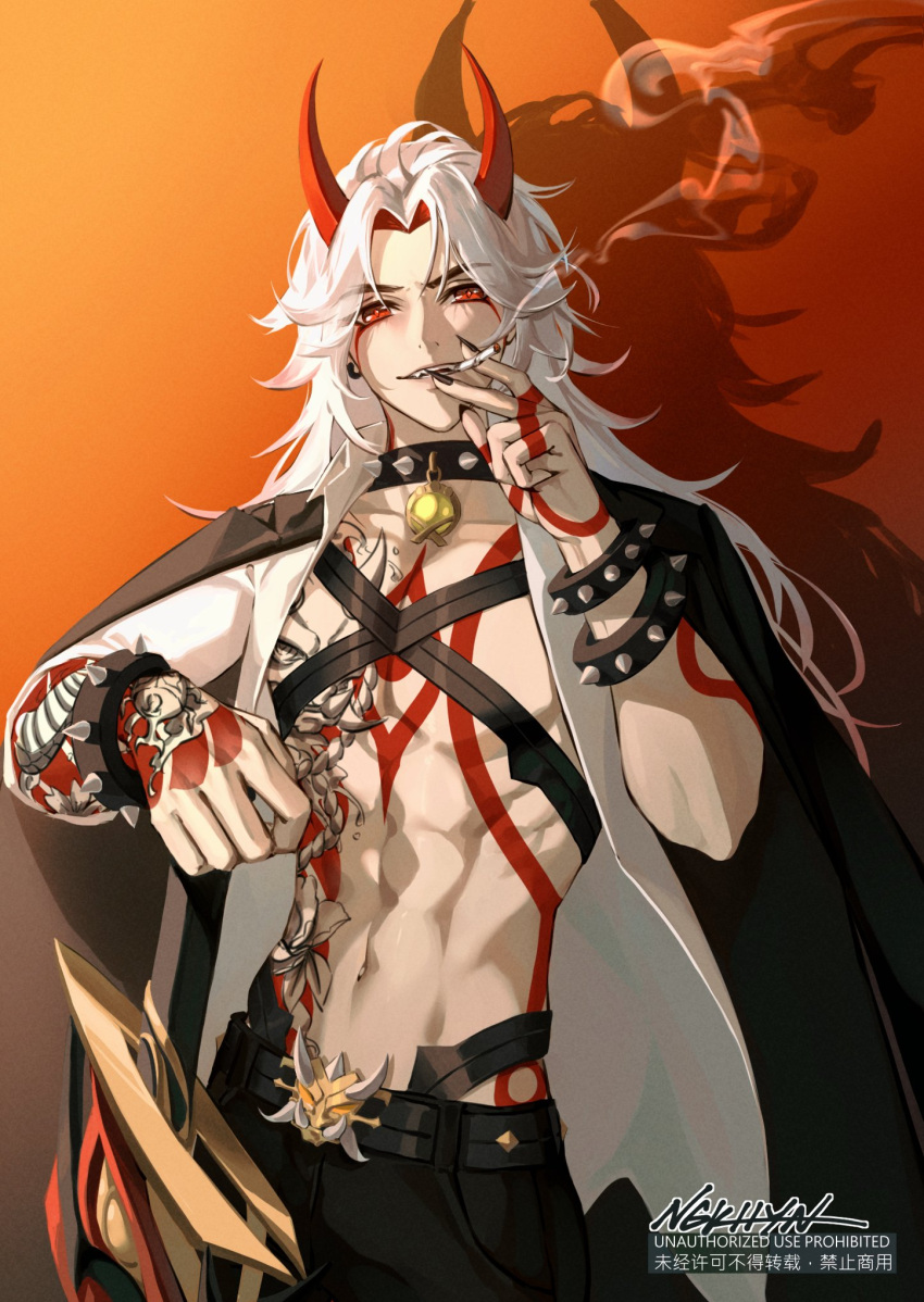 1boy, abs, arataki_itto, artist_name, bangs, belt, black_belt, black_choker, black_jacket, black_nails, black_pants, bodypaint, bracelet, chest_harness, chest_tattoo, choker, cigarette, collarbone, collared_shirt, commentary, dress_shirt, earrings, english_commentary, facepaint, fangs, fingernails, genshin_impact, gradient, gradient_background, hand_up, harness, highres, horns, jacket, jacket_on_shoulders, jewelry, lapels, long_fingernails, long_hair, looking_at_viewer, makeup, male_focus, mouth_hold, multicolored_hair, nail_polish, navel, ngkhyn, oni_horns, open_clothes, open_mouth, open_shirt, orange_background, pants, parted_bangs, pectorals, planted, planted_sword, red_background, red_eyes, red_horns, redhead, redhorn_stonethresher_(genshin_impact), shadow, shirt, sidelocks, signature, smile, smoke, smoking, solo, spiked_bracelet, spiked_choker, spikes, stomach, stomach_tattoo, studded_belt, sword, tattoo, teeth, thick_eyebrows, two-tone_hair, untucked_shirt, vision_(genshin_impact), watermark, weapon, white_hair, white_shirt, wing_collar