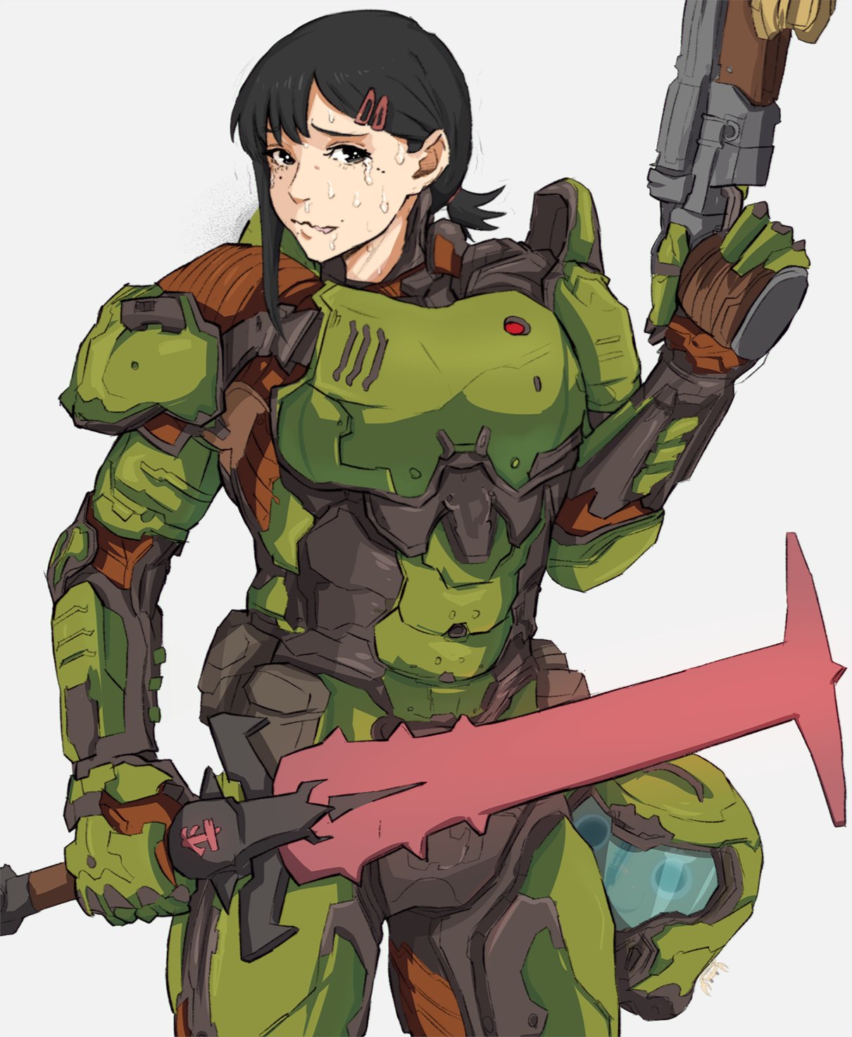 1girl, 1other, chainsaw_man, cosplay, crossover, crucible_(doom), crying, crying_with_eyes_open