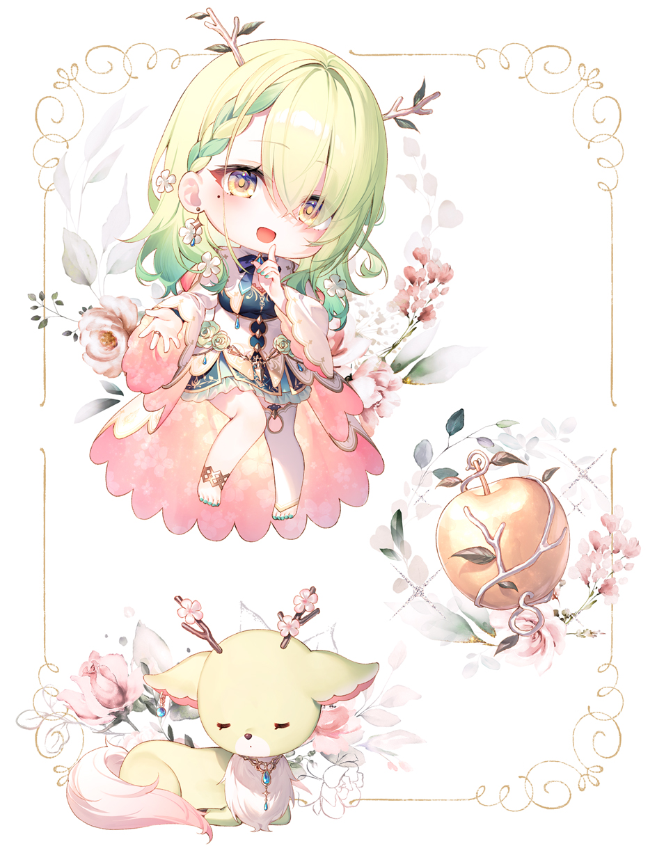 1girl, antlers, apple, bangs, blue_nails, blush, border, bow