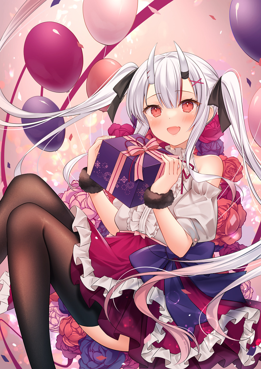 1girl, :d, alternate_costume, balloon, bare_shoulders, black_thighhighs, blush, box