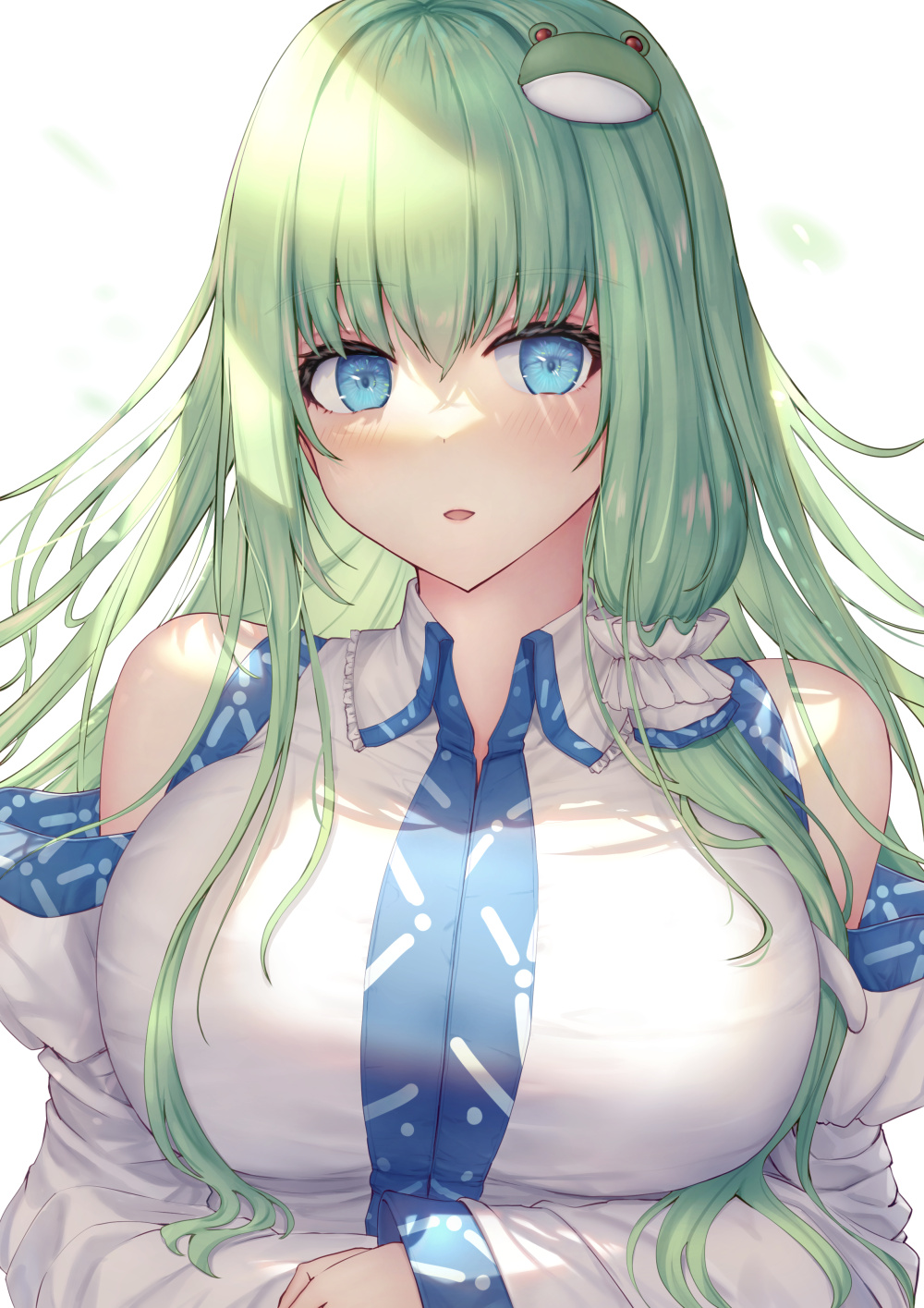 1girl, bare_shoulders, blue_eyes, blush, breasts, commentary, detached_sleeves, frog_hair_ornament