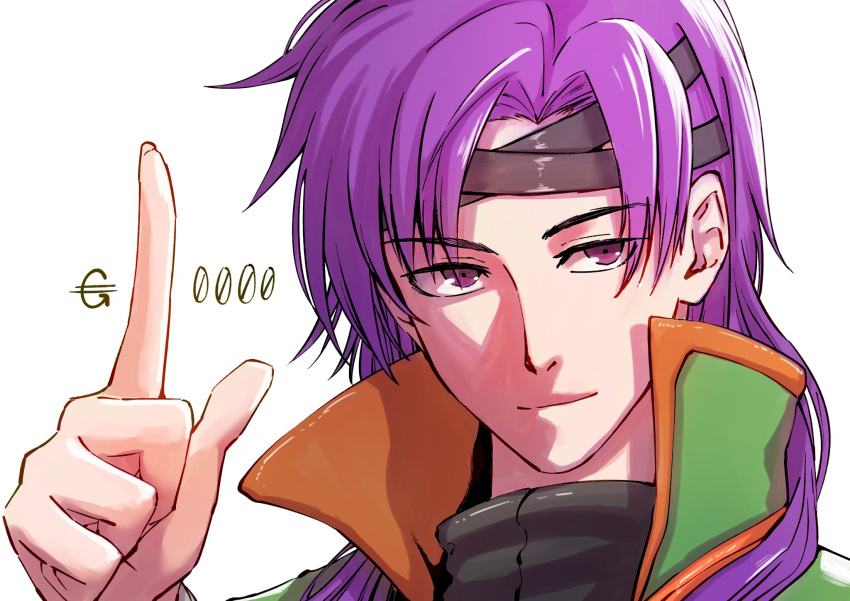 1boy, aduti_momoyama, black_headband, closed_mouth, eyes_visible_through_hair, fire_emblem, fire_emblem:_the_binding_blade, hair_intakes, hand_up, headband, high_collar, highres, hugh_(fire_emblem), index_finger_raised, long_hair, male_focus, purple_hair, simple_background, smile, solo, solo_focus, violet_eyes, white_background