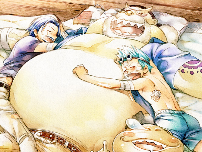 bandaid, bandana, beard, bed, blush_stickers, drooling, facial_hair, franky