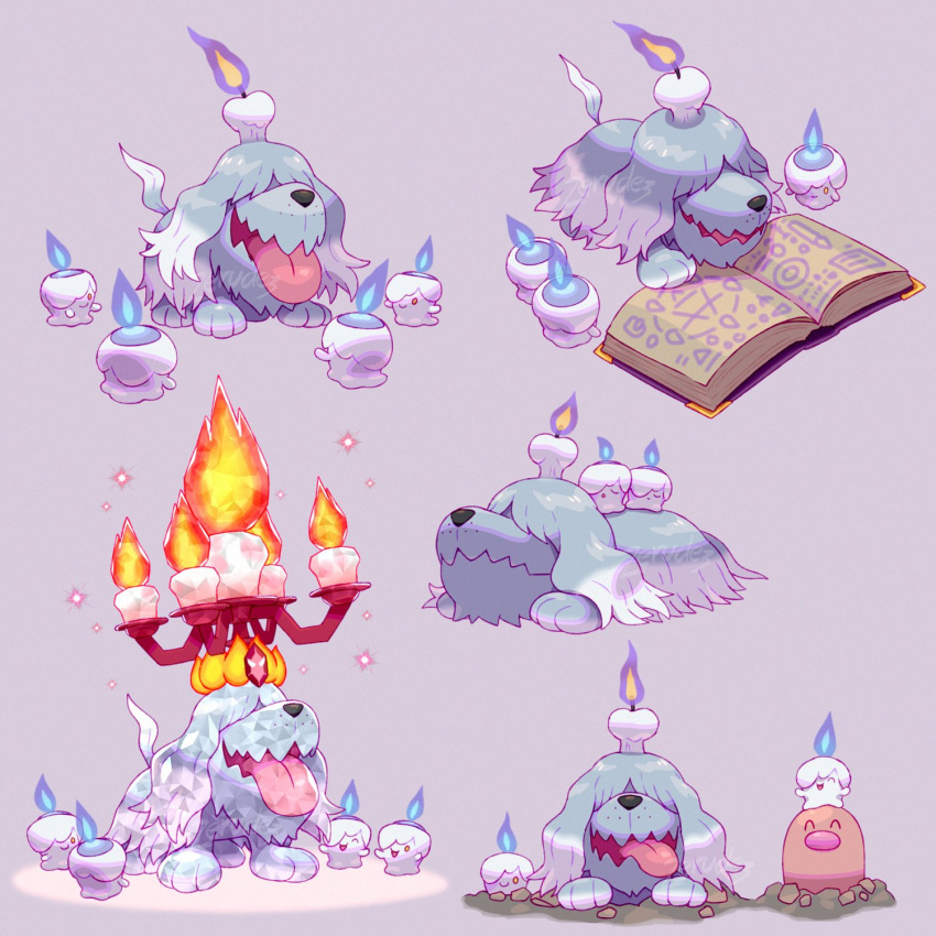 book, candle, digging, diglett, dog, fire, greavard, grey_background