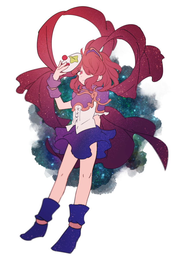 1girl, armor, breastplate, brown_hair, cape, clown_mask, clown_nose, doppelganger_arle