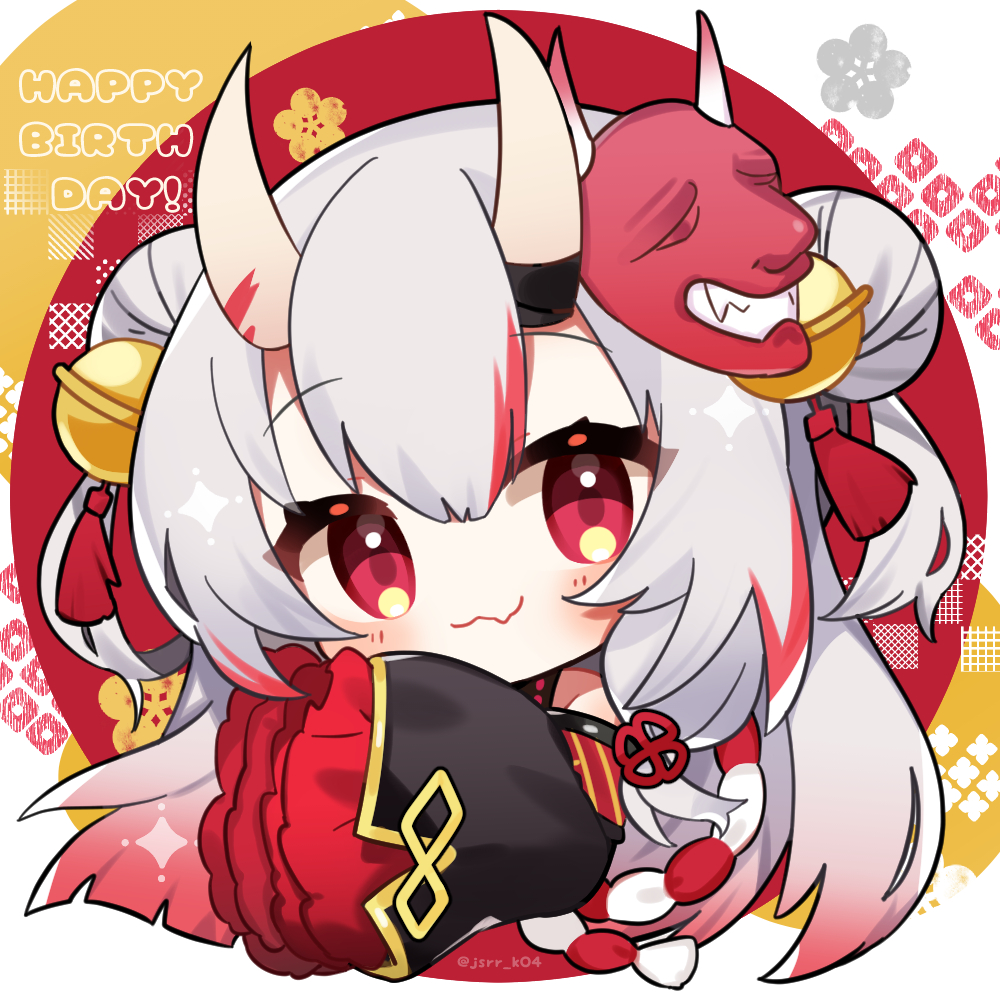1girl, :3, bell, blush, chibi, commentary, cropped_torso, double_bun