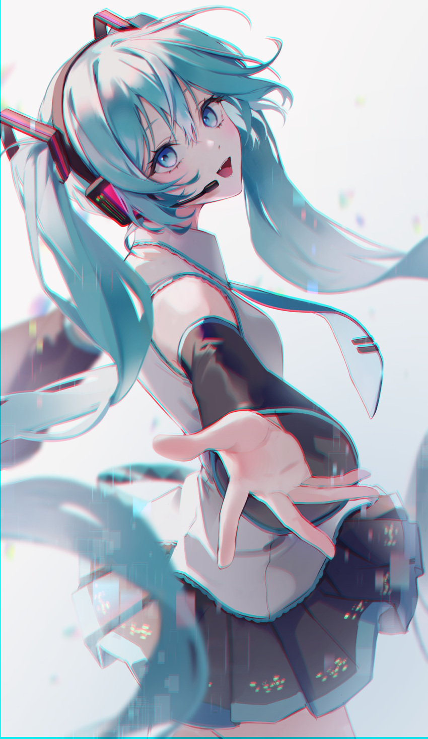 1girl, absurdres, aqua_hair, bbony_0_0, black_skirt, blue_eyes, blue_trim, grey_shirt