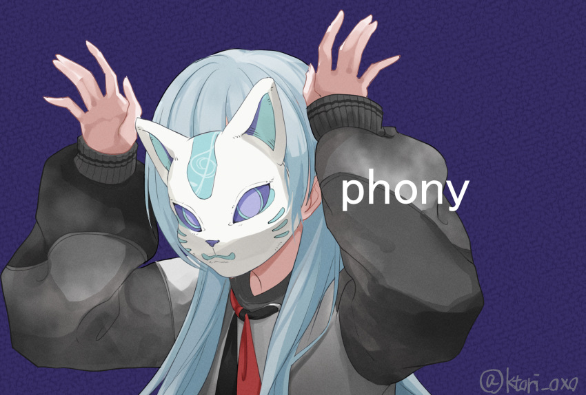 1girl, bangs, bunny_pose, fox_mask, grey_hair, hands_up, highres, hood