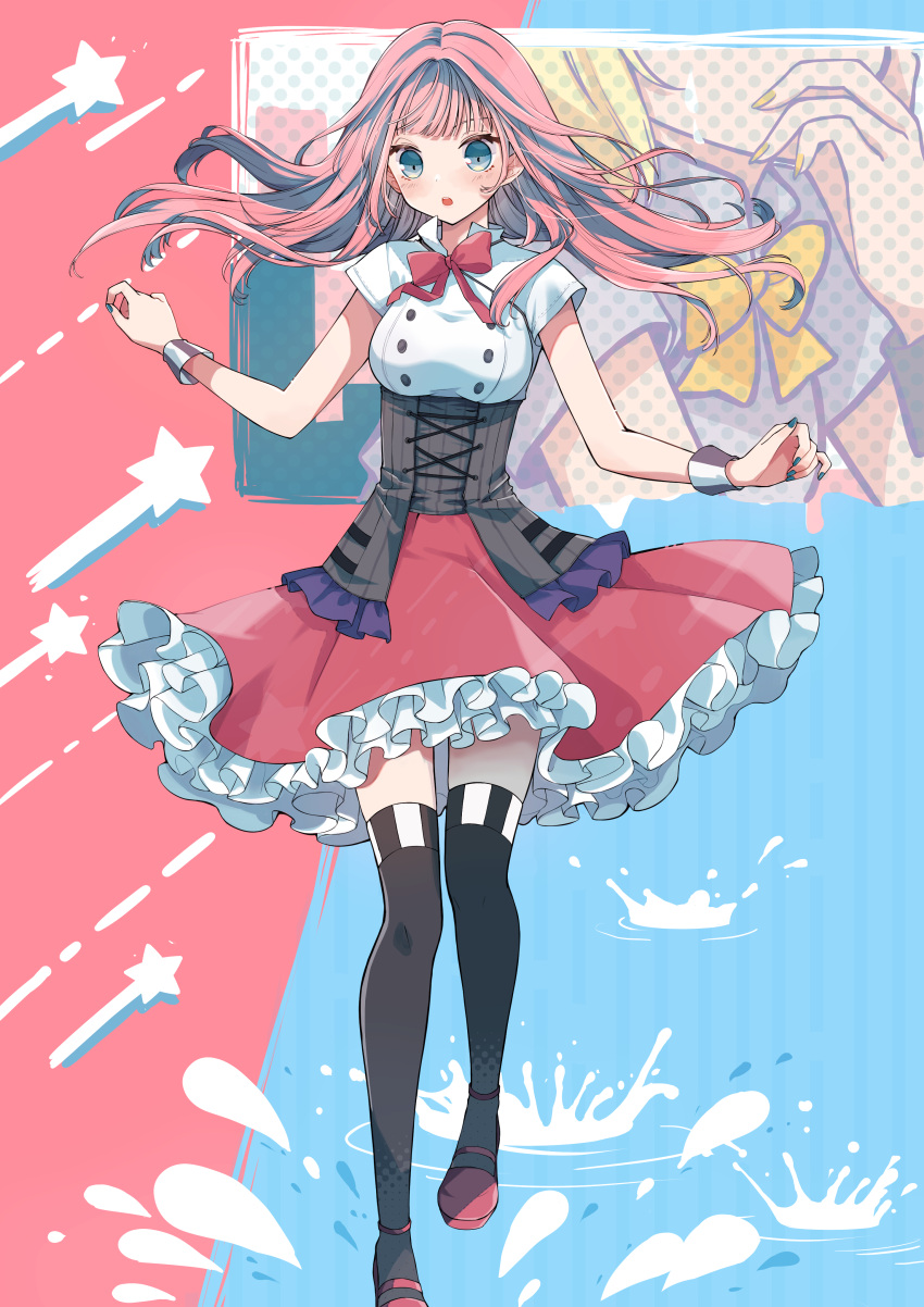 2girls, absurdres, bangs, blonde_hair, blue_eyes, blush, bow, bowtie, breasts, corset, covering_mouth, dress, drop_pop_candy_(vocaloid), floating_hair, frilled_dress, frills, highres, kagamine_rin, large_breasts, long_hair, megurine_luka, multiple_girls, nagitofuu, nail_polish, open_mouth, out_of_frame, pink_hair, ripples, shooting_star, solo_focus, splashing, star_(symbol), thigh-highs, underbust, vocaloid, wrist_cuffs