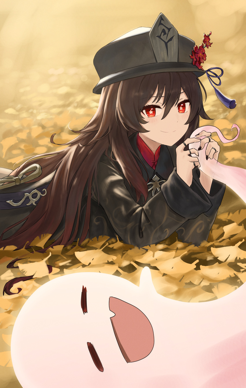 1girl, absurdres, autumn, bangs, black_coat, black_headwear, black_nails, blush, boo_tao_(genshin_impact), brown_hair, chinese_clothes, clip_studio_paint_(medium), closed_eyes, closed_mouth, coat, commentary, e_ga_ku, fang, fingernails, flower, flower-shaped_pupils, genshin_impact, ghost, hair_between_eyes, hat, hat_flower, highres, hu_tao_(genshin_impact), jewelry, leaf, long_hair, long_sleeves, looking_at_viewer, lying, mixed-language_commentary, multiple_rings, open_mouth, plum_blossoms, porkpie_hat, red_eyes, red_flower, ring, skin_fang, smile, symbol-shaped_pupils, tassel