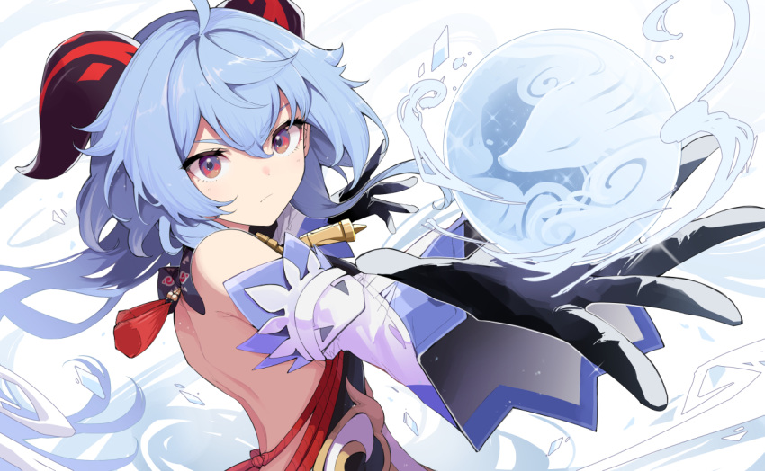 1girl, ahoge, back, backless_outfit, bangs, bare_shoulders, bell, black_gloves