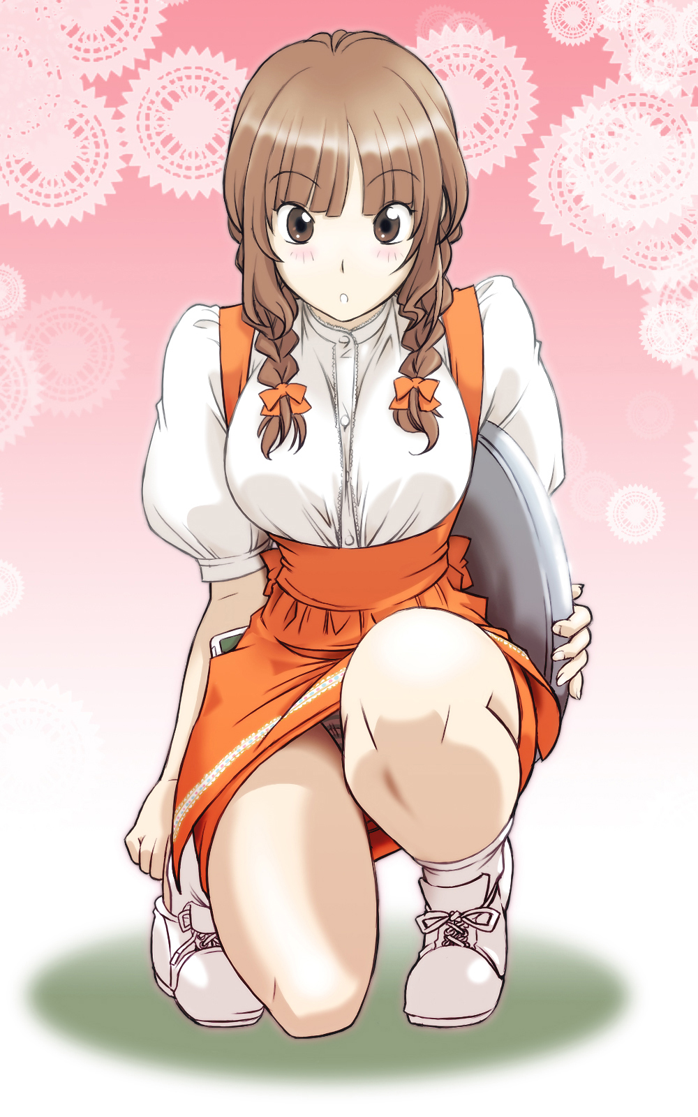 anna_miller, blush, bow, braid, breasts, brown_eyes, brown_hair, foreshortening