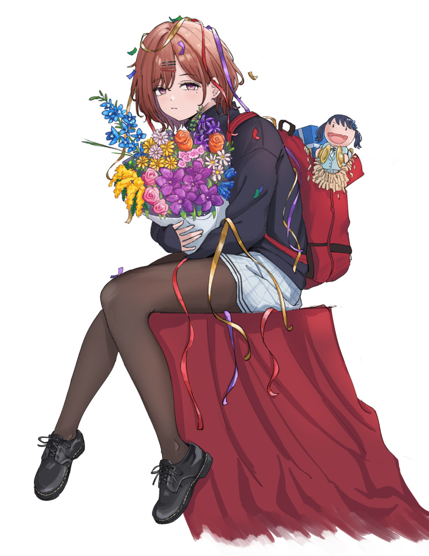 1girl, absurdres, backpack, bag, bangs, bouquet, brown_hair, commentary, full_body, hair_ornament, hairclip, highres, higuchi_madoka, holding, holding_bouquet, idolmaster, idolmaster_shiny_colors, looking_at_viewer, miniskirt, mole, mole_under_eye, pantyhose, plaid, plaid_skirt, pleated_skirt, short_hair, sitting, skirt, solo, sweater, swept_bangs, tinkie, violet_eyes, white_background