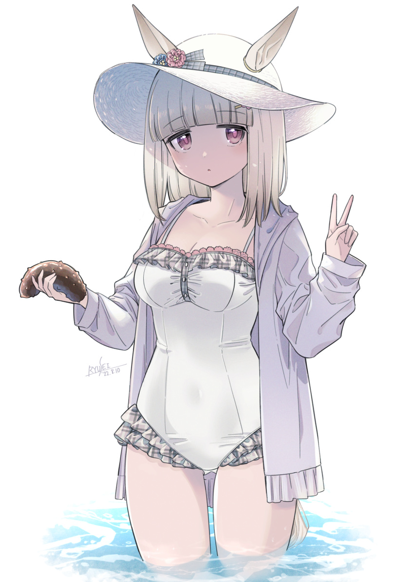 1girl, alternate_costume, animal, animal_ears, bangs, ears_through_headwear, frilled_swimsuit, frills