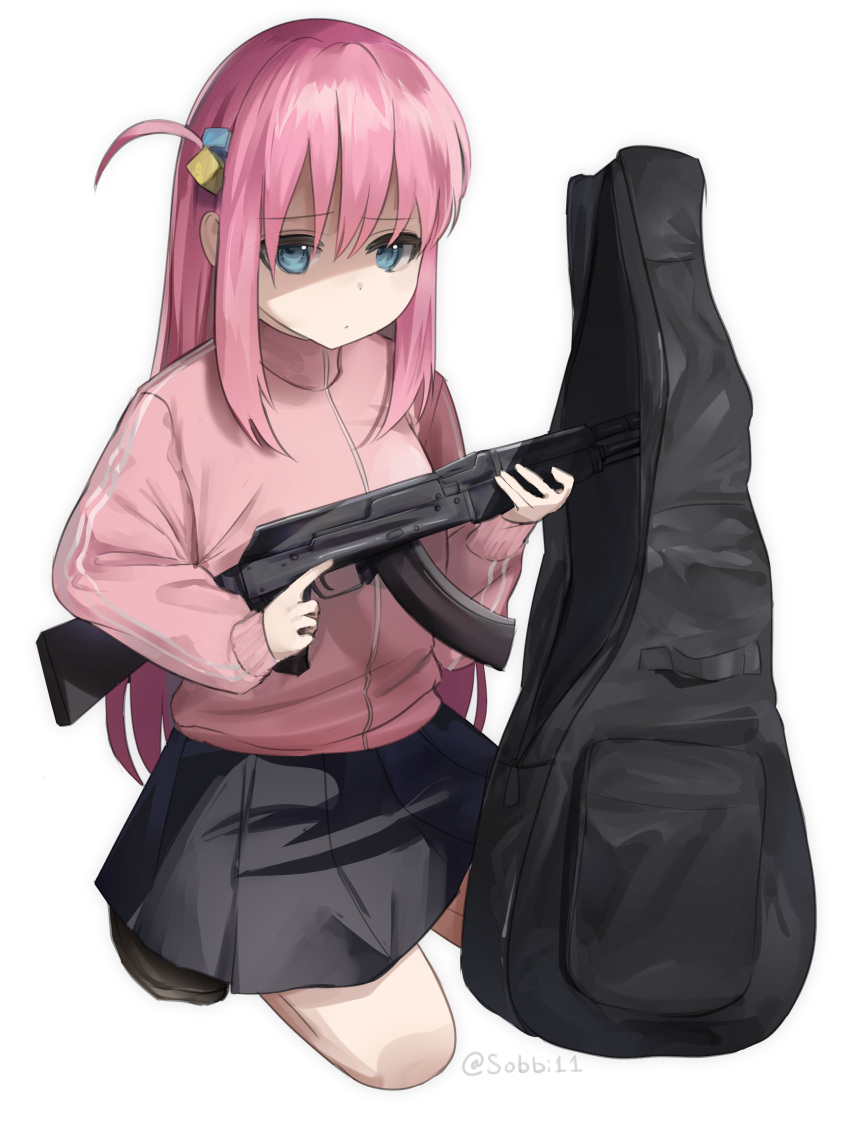 1girl, absurdres, artist_name, assault_rifle, black_skirt, blue_eyes, bocchi_the_rock!, breasts, cube_hair_ornament, gigbag, gotou_hitori, gun, hair_ornament, hair_over_eyes, highres, holding, holding_gun, holding_weapon, jacket, kalashnikov_rifle, loafers, long_hair, looking_at_viewer, meme, pink_hair, pink_jacket, pink_track_suit, pleated_skirt, rifle, scene_reference, shaded_face, shoes, sidelocks, skirt, sobbi11, solo, squatting, track_jacket, track_suit, trigger_discipline, weapon, white_background