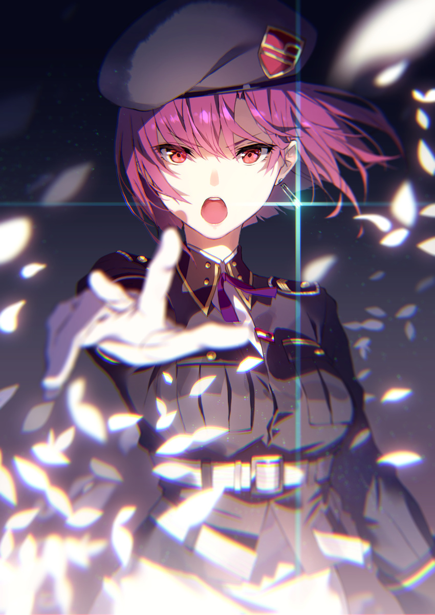 1girl, belt, cowboy_shot, earrings, gloves, hat, heaven_burns_red, highres