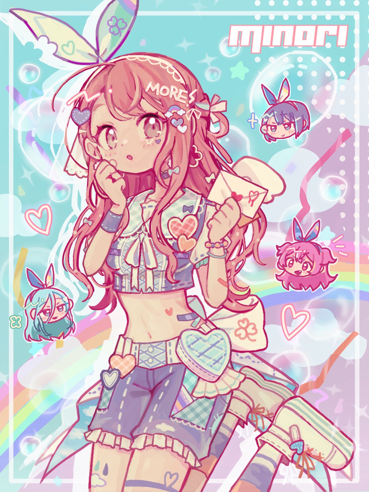 4girls, :o, aqua_background, back_bow, bandaid, bandaid_on_arm, bandaid_on_stomach, bangs