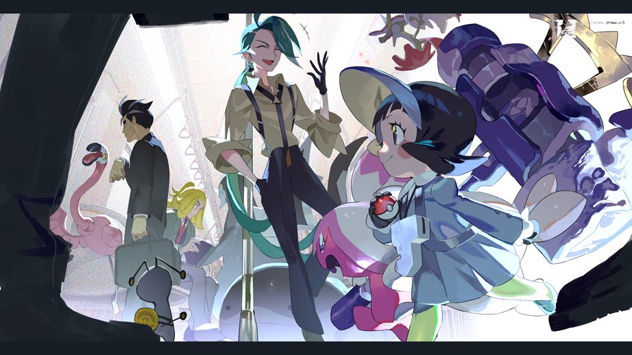 +++, 2boys, 2girls, baxcalibur, black_gloves, black_hair, black_necktie, black_pants