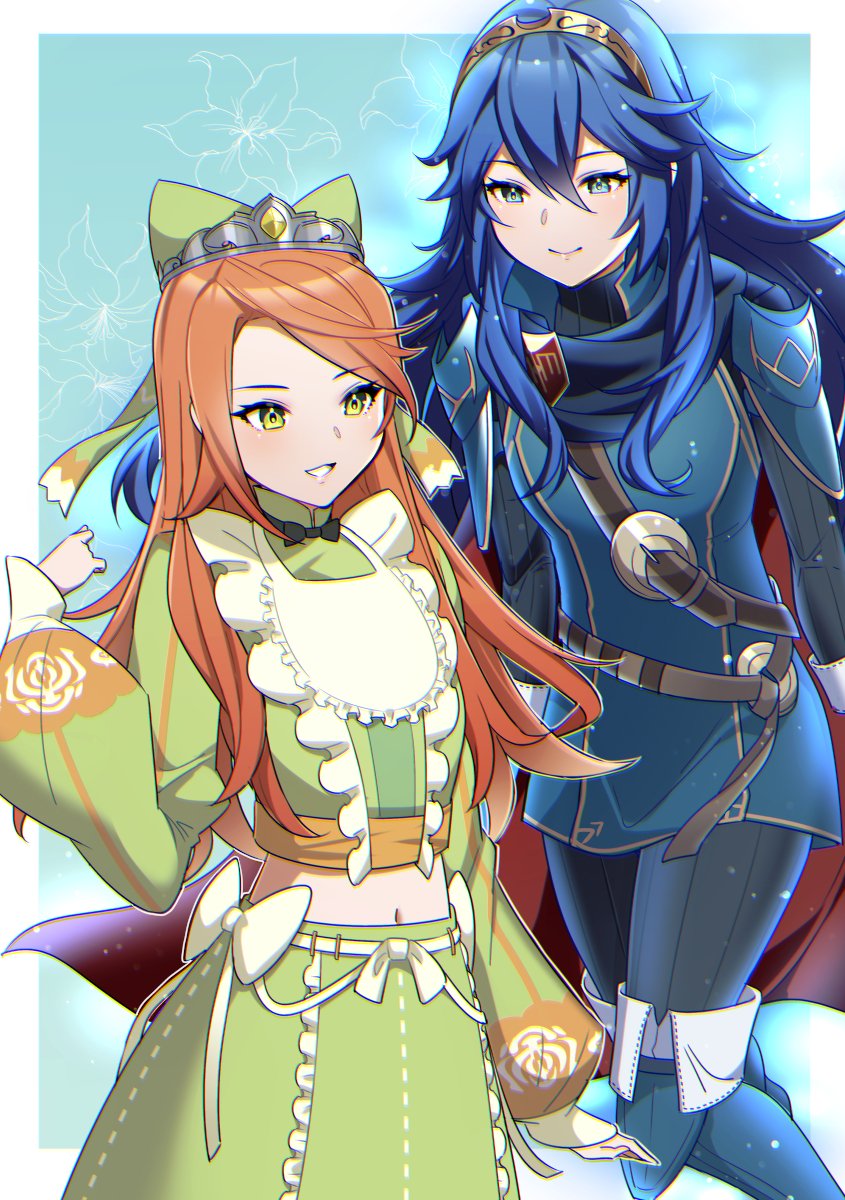 2girls, ameno_(a_meno0), armor, bangs, belt, black_sweater, blue_cape, blue_eyes