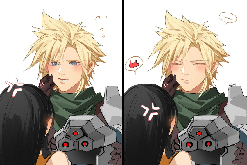 1boy, 1girl, angry, armor, black_hair, blonde_hair, blue_eyes, blush