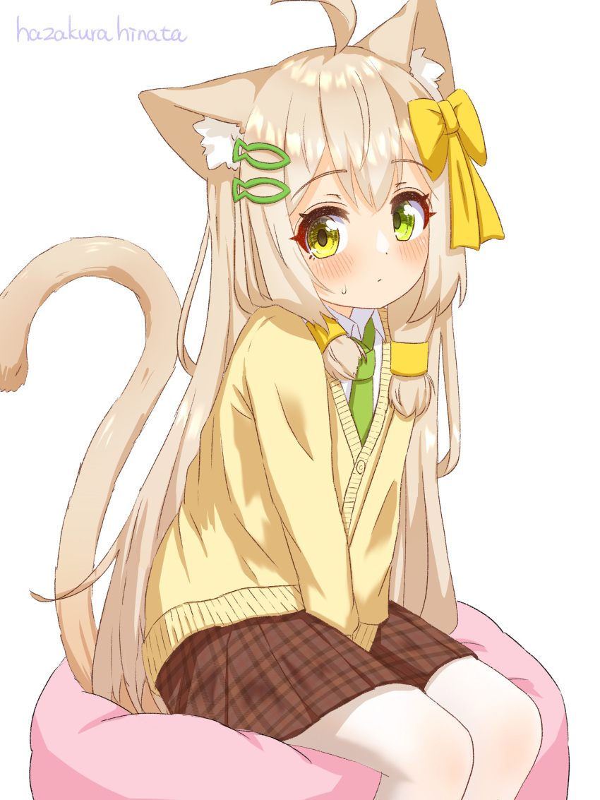1girl, absurdres, ahoge, animal_ear_fluff, animal_ears, artist_name, bangs, between_legs, blonde_hair, blush, bow, brown_skirt, cardigan, cat_ears, cat_girl, cat_tail, closed_mouth, collared_shirt, commentary_request, cushion, dot_mouth, fish_hair_ornament, flat_chest, green_eyes, green_necktie, hair_bow, hair_ornament, hairclip, hand_between_legs, have_to_pee, hazakura_hinata, heterochromia, highres, legs_together, long_hair, long_sleeves, looking_at_viewer, miniskirt, necktie, original, pantyhose, plaid, plaid_skirt, pleated_skirt, school_uniform, shiny, shiny_hair, shirt, sidelocks, signature, simple_background, sitting, skirt, solo, sweat, tail, tail_raised, textless_version, v_arms, white_background, white_pantyhose, white_shirt, yellow_bow, yellow_cardigan