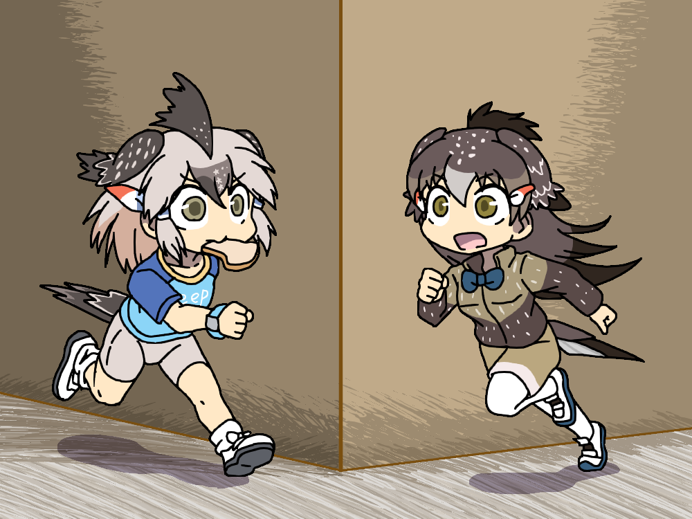 2girls, alternate_design, bangs, bike_shorts, bird_girl, bird_tail, bird_wings, bow