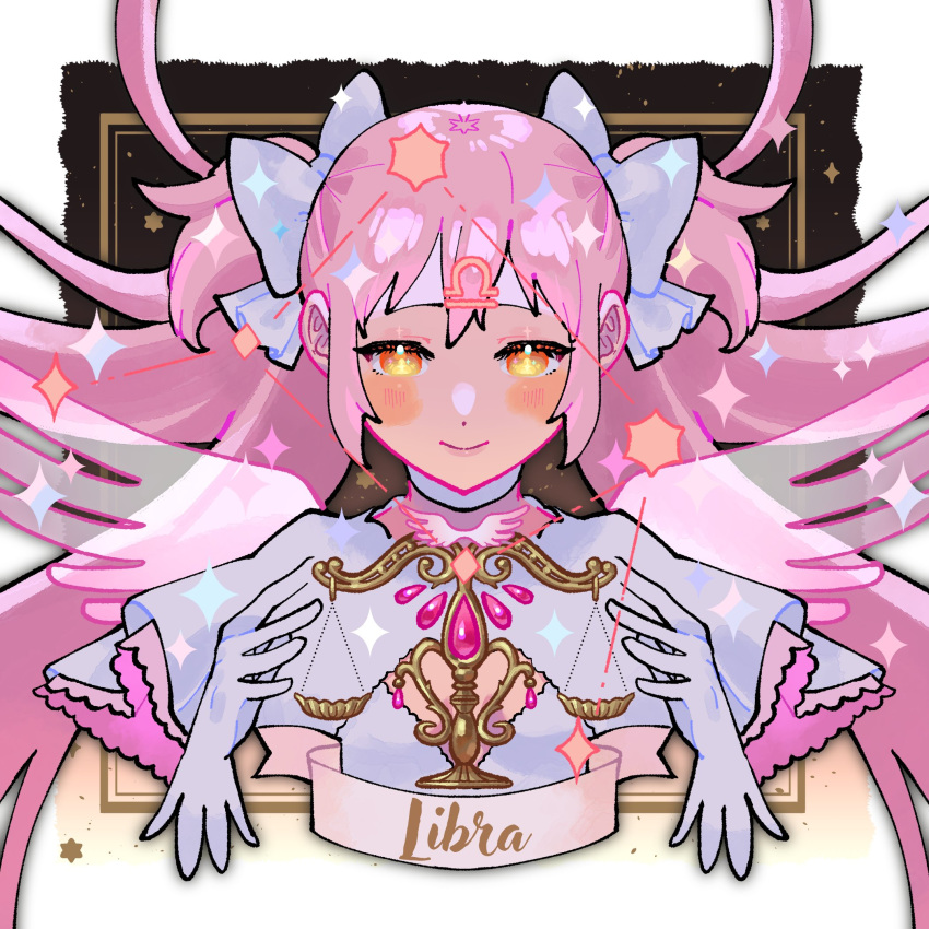 1girl, blush_stickers, border, brown_background, choker, cleavage_cutout, closed_mouth, clothing_cutout, constellation, cropped_torso, cupping_hands, dot_nose, eyelashes, floating_hair, gem, gloves, goddess_madoka, hair_ribbon, half-closed_eyes, hands_up, highres, kaname_madoka, layered_sleeves, libra, libra_(constellation), light_blush, light_smile, limited_palette, lips, long_hair, looking_down, mahou_shoujo_madoka_magica, own_hands_together, pink_gemstone, pink_hair, pink_theme, pink_wings, ribbon, shiny, shiny_hair, shiny_lips, sidelocks, simple_background, solo, sparkle, star_(symbol), star_in_eye, straight_hair, symbol_in_eye, text_focus, transparent_wings, two_side_up, upper_body, very_long_hair, weighing_scale, white_border, white_choker, white_gloves, white_ribbon, white_theme, wide_sleeves, wings, yellow_eyes, yooki_(winter_cakes)