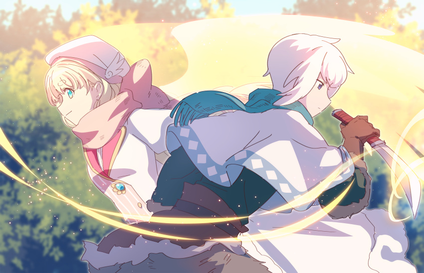 aqua_scarf, bangs, blonde_hair, blue_eyes, churi_(pfsoz), cocomo_(pfsoz), day, highres, holding, holding_knife, knife, long_hair, matsuki_(mikipingpong), motion_blur, outdoors, pink_scarf, pixiv_fantasia, pixiv_fantasia_scepter_of_zeraldia, scarf, white_hair, white_headwear, wings