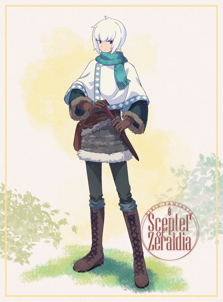 aqua_scarf, blue_eyes, boots, brown_footwear, brown_gloves, capelet, coat, cocomo_(pfsoz)