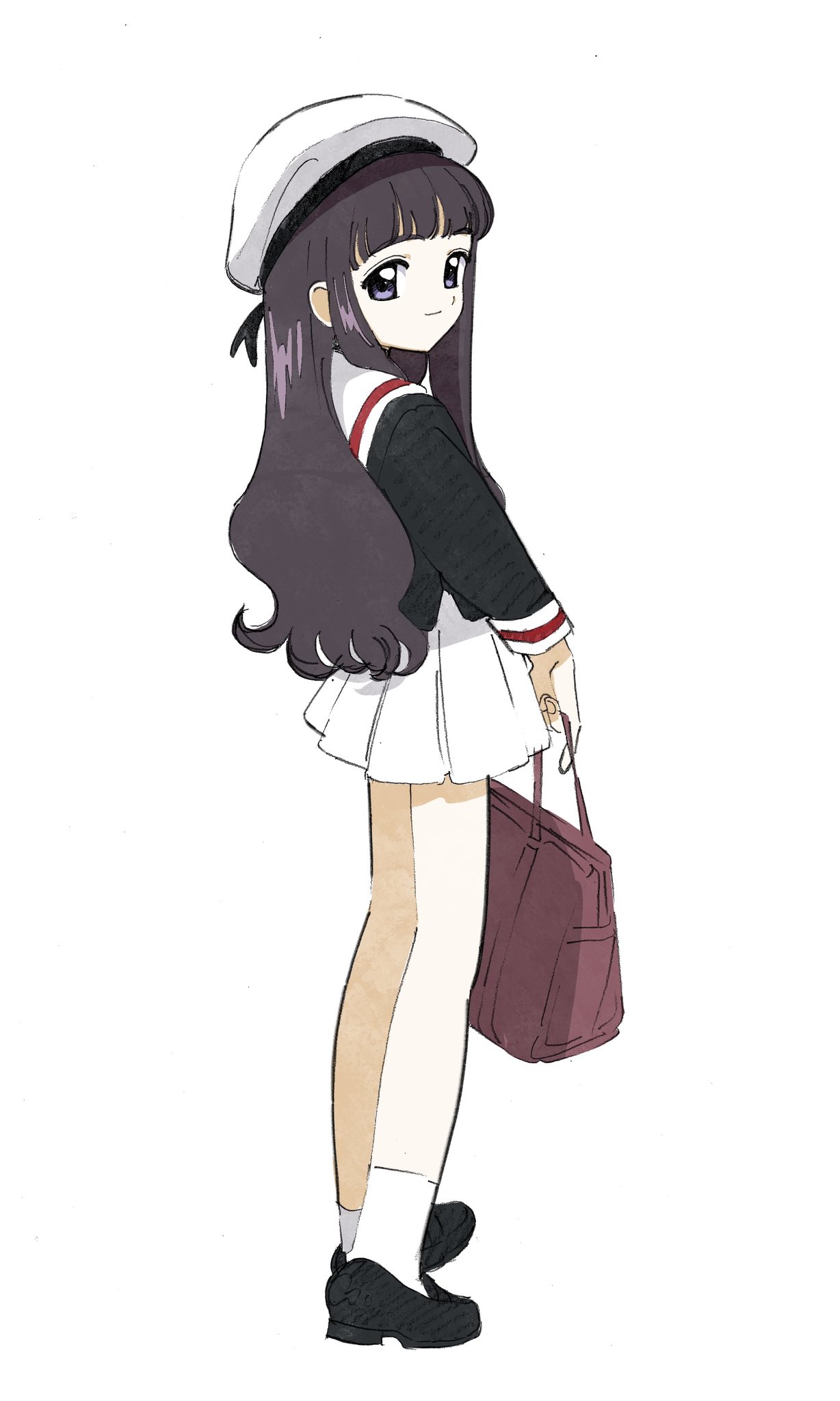 1girl, bag, bangs, black_footwear, black_hair, black_shirt, blunt_bangs, cardcaptor_sakura