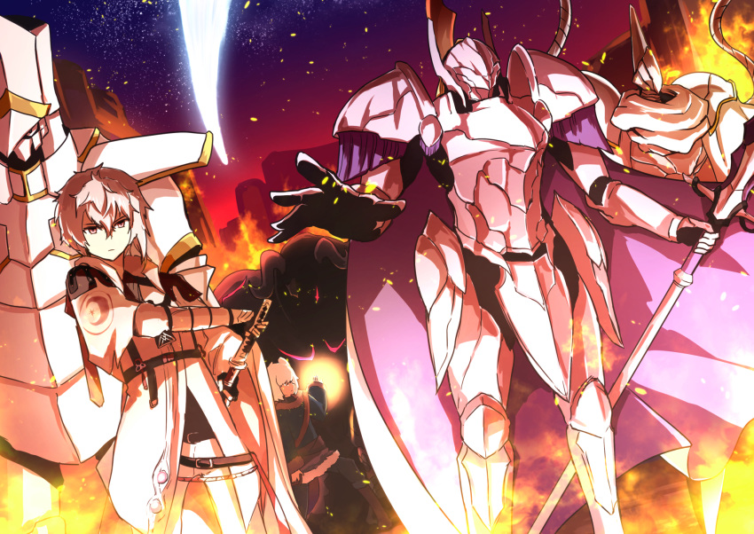armor, belt, black_eyes, cape, character_request, cocomo_(pfsoz), crescens_haque_loarmonde, fire, flick_swire, greaves, hair_between_eyes, helmet, highres, holding, holding_weapon, lord_tortoise, night, outdoors, pink_hair, pixiv_fantasia, pixiv_fantasia_scepter_of_zeraldia, ranigrany, sheath, standing, thorn_isnine, unsheathing, weapon