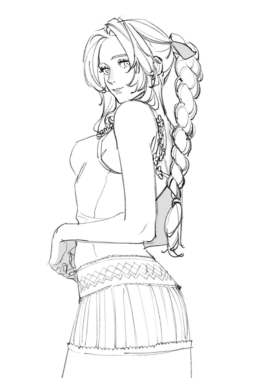 1girl, aerith_gainsborough, arched_back, bangs, bare_arms, bare_shoulders, braid, braided_ponytail