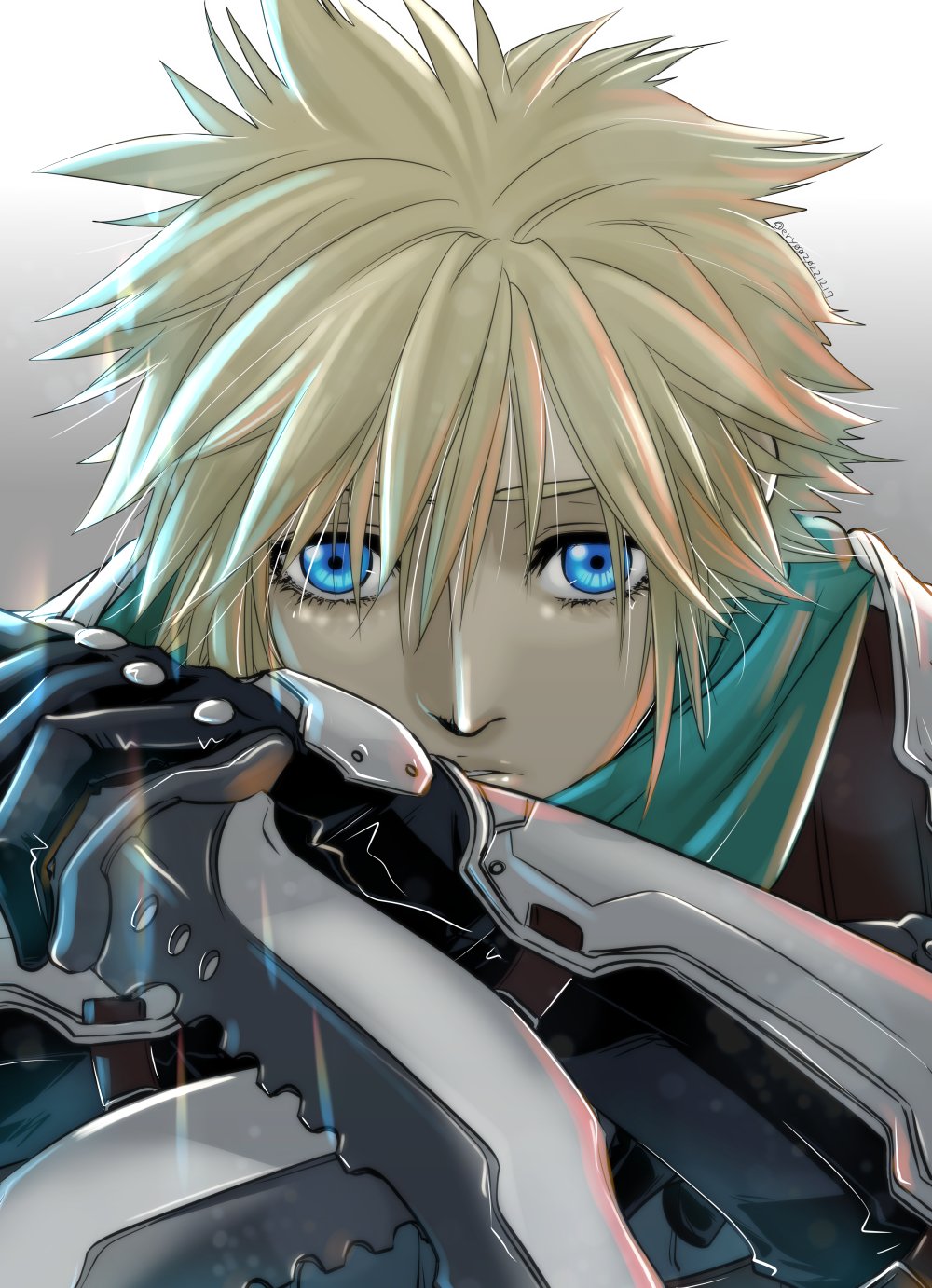 1boy, aiz00, armor, blonde_hair, blue_eyes, close-up, cloud_strife, crisis_core_final_fantasy_vii