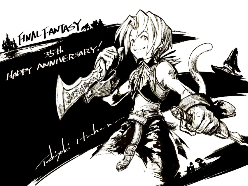 1boy, bangs, cowboy_shot, cropped_vest, dagger, dual_wielding, fighting_stance, final_fantasy
