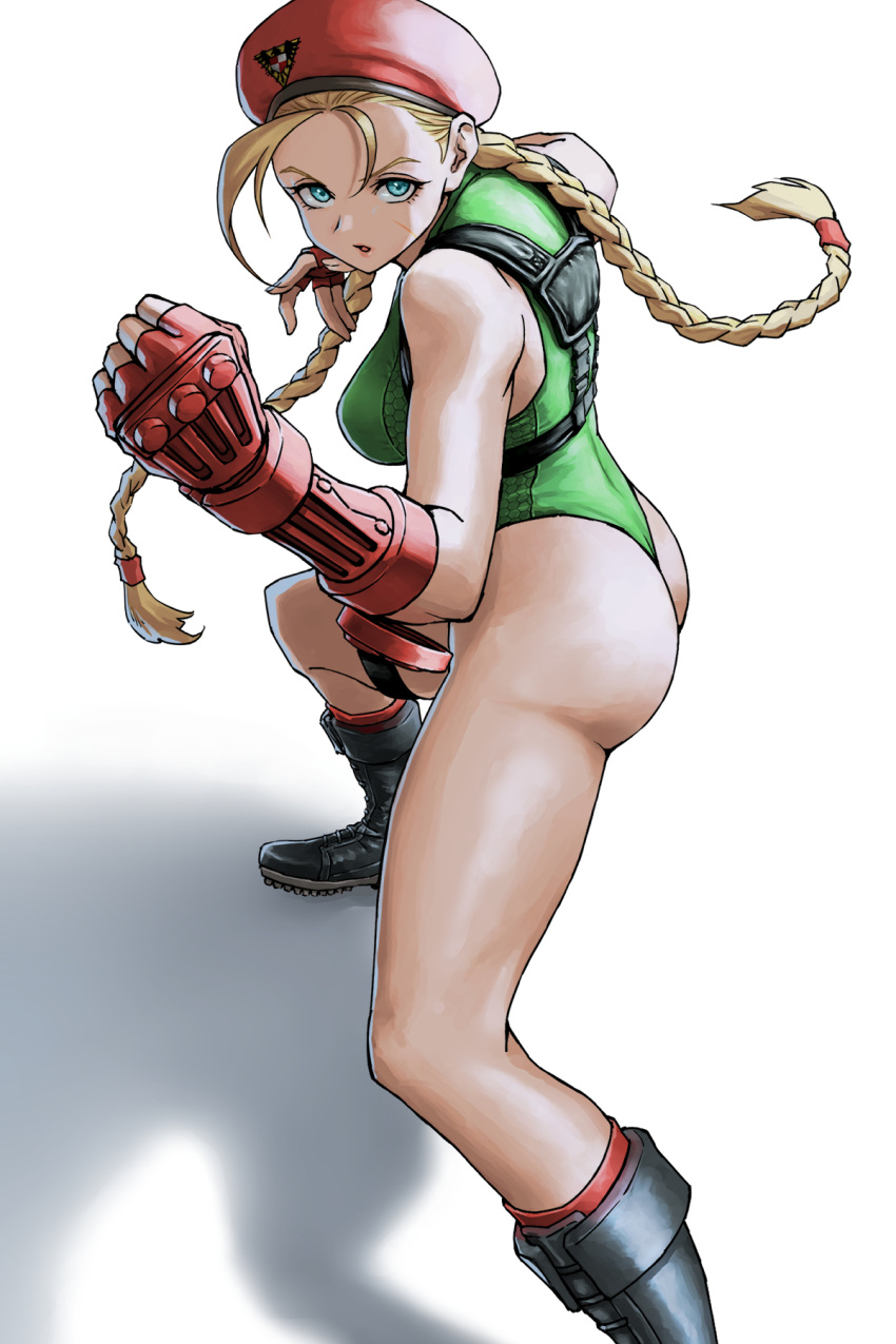 1girl, ahoge, antenna_hair, ass, beret, blonde_hair, blue_eyes, boots, braid, breasts, cammy_white, clenched_hand, fighting_stance, fingerless_gloves, gloves, green_leotard, hat, highres, leotard, looking_at_viewer, medium_breasts, open_mouth, red_gloves, scar, scar_on_cheek, scar_on_face, solo, strap, street_fighter, street_fighter_v, thigh_strap, thighs, thong_leotard, twin_braids, white_background, x_chitch