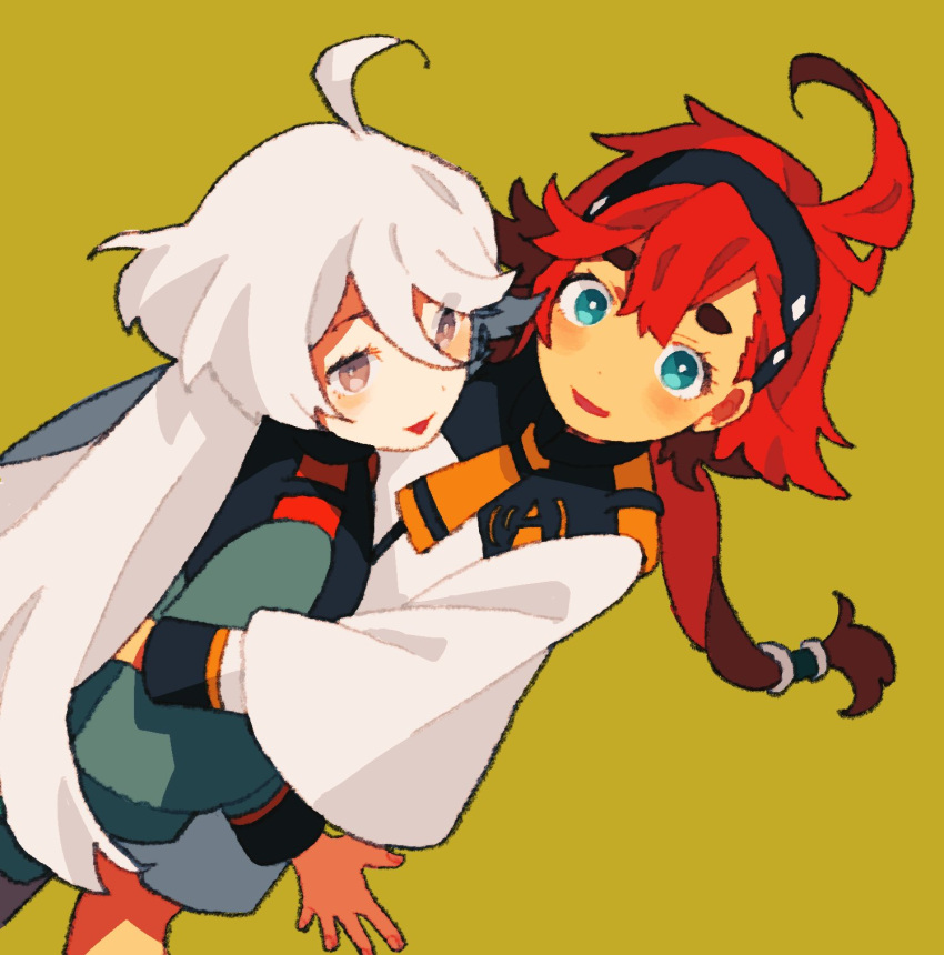 2girls, ahoge, aqua_eyes, arm_around_back, asticassia_school_uniform, black_hair, blush, dou_(mame_eee), green_jacket, grey_eyes, gundam, gundam_suisei_no_majo, highres, hug, jacket, long_hair, long_sleeves, looking_at_viewer, low_ponytail, miorine_rembran, multiple_girls, parted_lips, redhead, school_uniform, short_hair_with_long_locks, smile, suletta_mercury, thick_eyebrows, white_hair, white_jacket, yellow_background