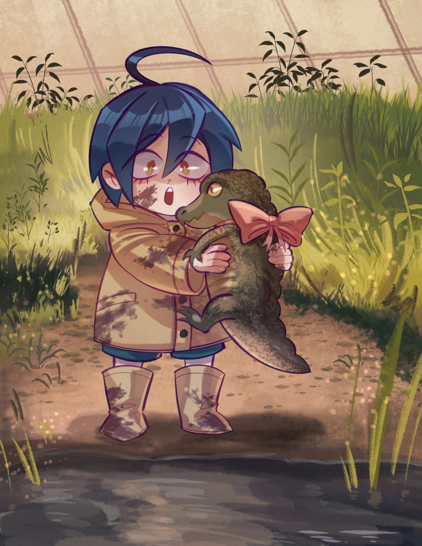 1boy, :o, aged_down, ahoge, alternate_costume, animal, bangs, black_hair, bow, brown_eyes, child, crocodile, crocodilian, danganronpa_(series), danganronpa_v3:_killing_harmony, grass, hellshake_yuli, highres, holding, holding_animal, looking_at_animal, outdoors, pink_bow, raincoat, saihara_shuuichi, short_hair, solo, water